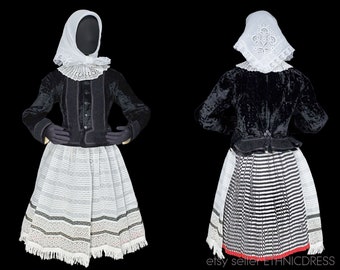 Vintage folk costume from Senica region Slovakia | traditional ethnic dress | black velvet jacket polska dot skirt whitework embroidery kroj