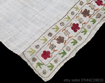 Antique Ottoman embroidery linen towel Turkish Greek Albanian | handmade folk art textile metallic gold floral pattern | Balkan ancient sash