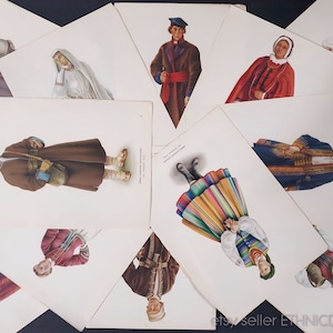 May include: A collection of vintage illustrations depicting traditional folk costumes from various European countries. The illustrations feature detailed depictions of clothing, accessories, and hairstyles.