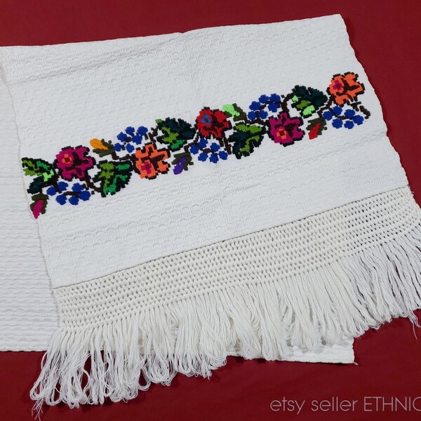 Romanian folk towel from Transylvania | embroidered cotton peasant textile art traditional domestic home decor | kitchen wall hanging fringe