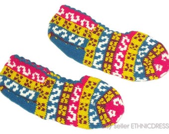 Pair of Serbian folk costume socks from Vojvodina | handmade colorful wool slippers | Backa Sombor ethnic folklore clothing hand-knit art