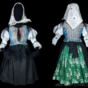 Rare woman&#39;s folk costume from eastern Slovakia | traditional blue brocade vest green skirt embroidered blouse |  Presov Bardejov Rusyn old