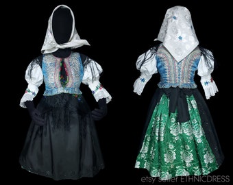 Rare woman's folk costume from eastern Slovakia | traditional blue brocade vest green skirt embroidered blouse |  Presov Bardejov Rusyn old