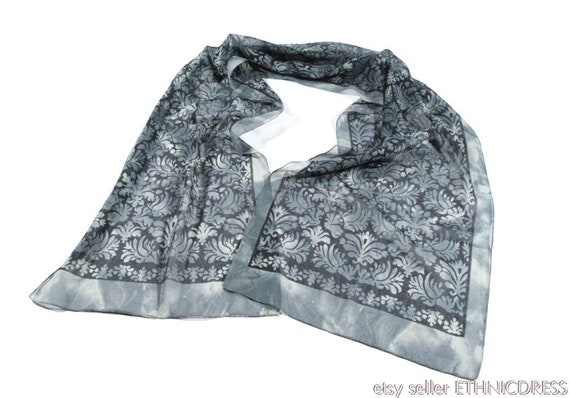 Vintage delicate gray & black paisley scarf | 13"… - image 4