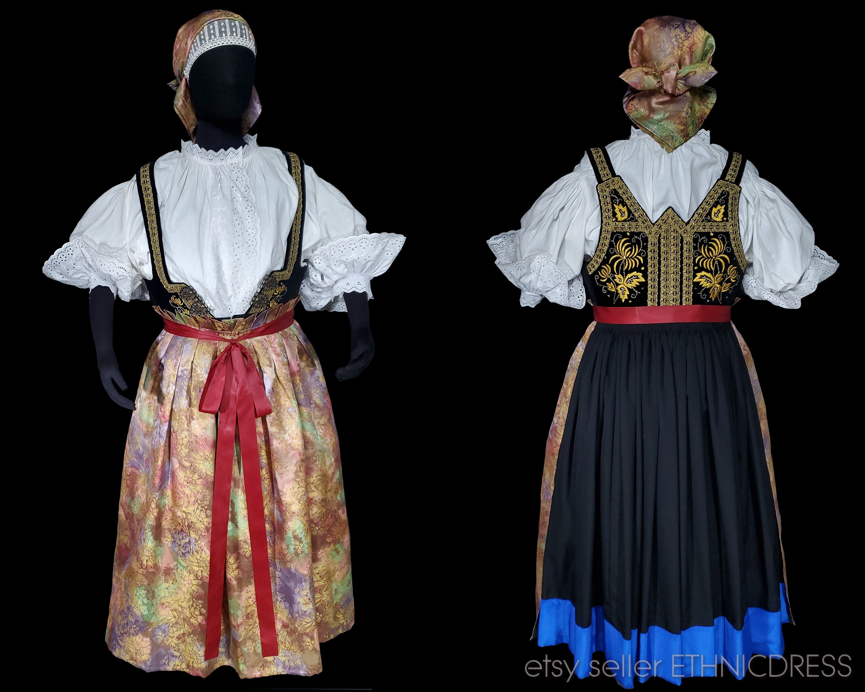 Woman's Folk Costume From Cieszyn, Poland Czech Tesin With Antique Silver  Hoczki Jewelry Ethnic Apron Blouse Dress Embroidery Polish 