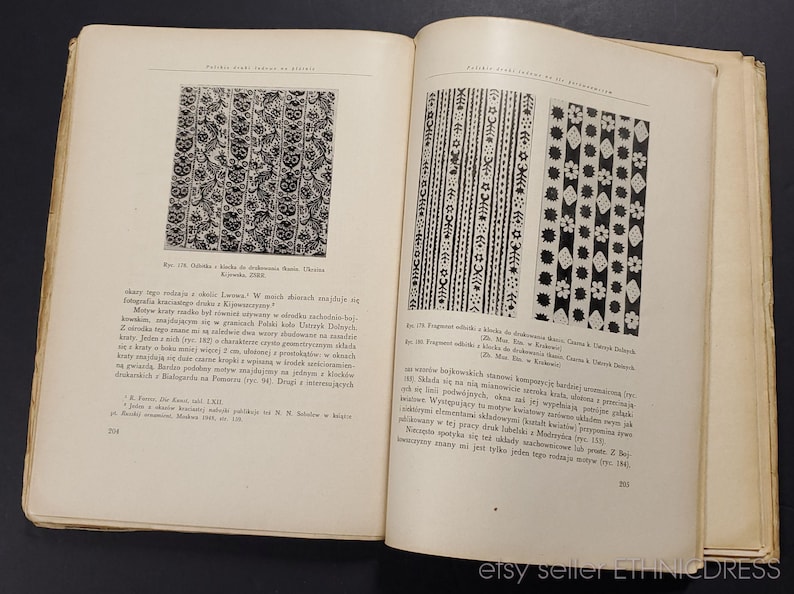 May include: A black and white book with pages of text and images of traditional folk art patterns. The book is titled "Polskie wzory ludowe" and the text is in Polish.