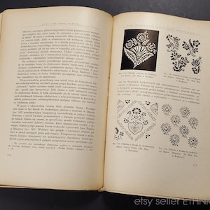 May include: A page from a vintage book showing black and white illustrations of embroidery designs. The designs are floral and geometric. The text on the page is in Polish.