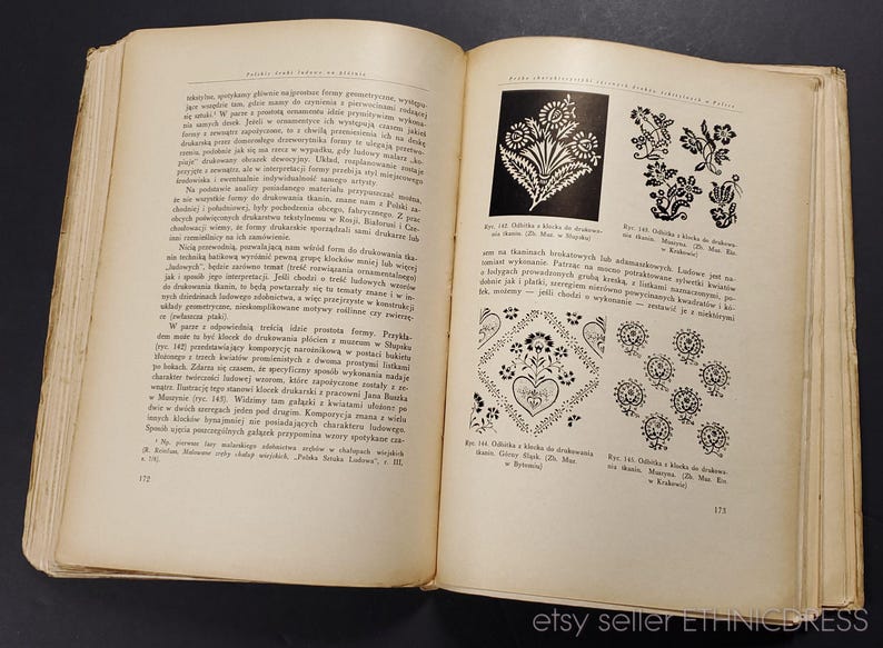 May include: A page from a vintage book showing black and white illustrations of embroidery designs. The designs are floral and geometric. The text on the page is in Polish.