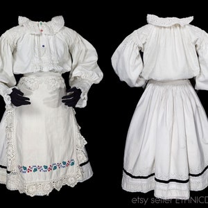 Vintage Romanian folk costume embroidered linen blouse skirt apron set | handmade ethnic clothing traditional peasant dress eastern European