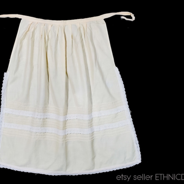 Vintage Ukrainian folk costume peasant apron from Ukraine | handmade cotton ethnic dress | pastel yellow + lace trim | workwear skirt cover