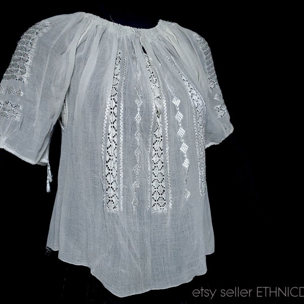 Handmade Romanian embroidered peasant blouse - authentic from Romania | lightweight gauze fabric whitework openwork | vintage ethnic shirt