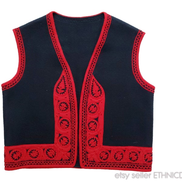 Vintage handmade Hungarian felt folk art vest waistcoat | traditional applique pattern handcraft design | black red festival costume jacket