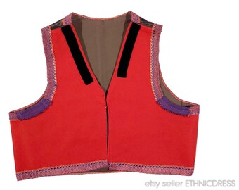 Vintage Dutch folk costume vest from Marken, Netherlands | red wool top sleeveless jacket | handmade ethnic clothing bodice waistcoat corset