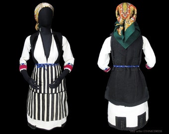 VINTAGE authentic woman's folk costume from Bitola, Macedonia - everyday work wear with signs of use | traditional ethnic dress vest apron