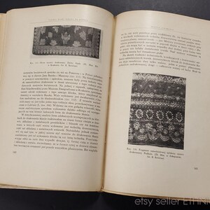 May include: Two black and white images of embroidered fabric. The first image shows a floral design with a geometric pattern. The second image shows a more intricate design with a repeating pattern of circles and lines. The text below the images reads "Fig. 115. Fragment of embroidered spider weave dressmaker. Podhale. (24. Mai in Zakopane. fot. R. Bończa."
