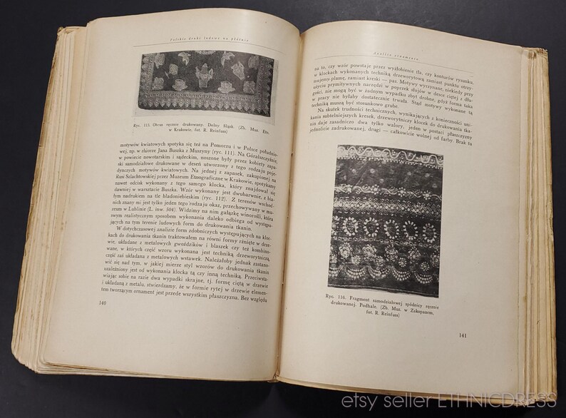 May include: Two black and white images of embroidered fabric. The first image shows a floral design with a geometric pattern. The second image shows a more intricate design with a repeating pattern of circles and lines. The text below the images reads "Fig. 115. Fragment of embroidered spider weave dressmaker. Podhale. (24. Mai in Zakopane. fot. R. Bończa."