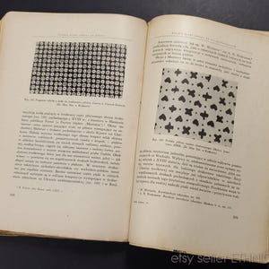 May include: A page from a book about textile patterns. The page shows two black and white illustrations of textile patterns. The text on the page is in Polish.