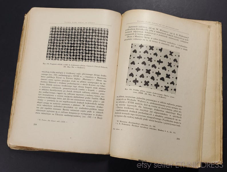 May include: A page from a book about textile patterns. The page shows two black and white illustrations of textile patterns. The text on the page is in Polish.