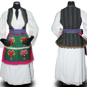 Vintage Macedonian girl&#39;s folk costume from Skopska Blatija Skopje area | embroidered dress wool apron belt vest | Balkan dance pink green