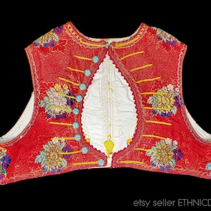 Rare Czech man&#39;s folk costume vest from Moravia | handmade kroj bodice waistcoat | red metallic brocade with antique buttons | authentic old