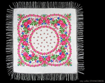 Vintage European large wool floral shawl with fringe - 37&quot; square | Ukrainian Polish Russian traditional folk costume wrap | ethnic fashion