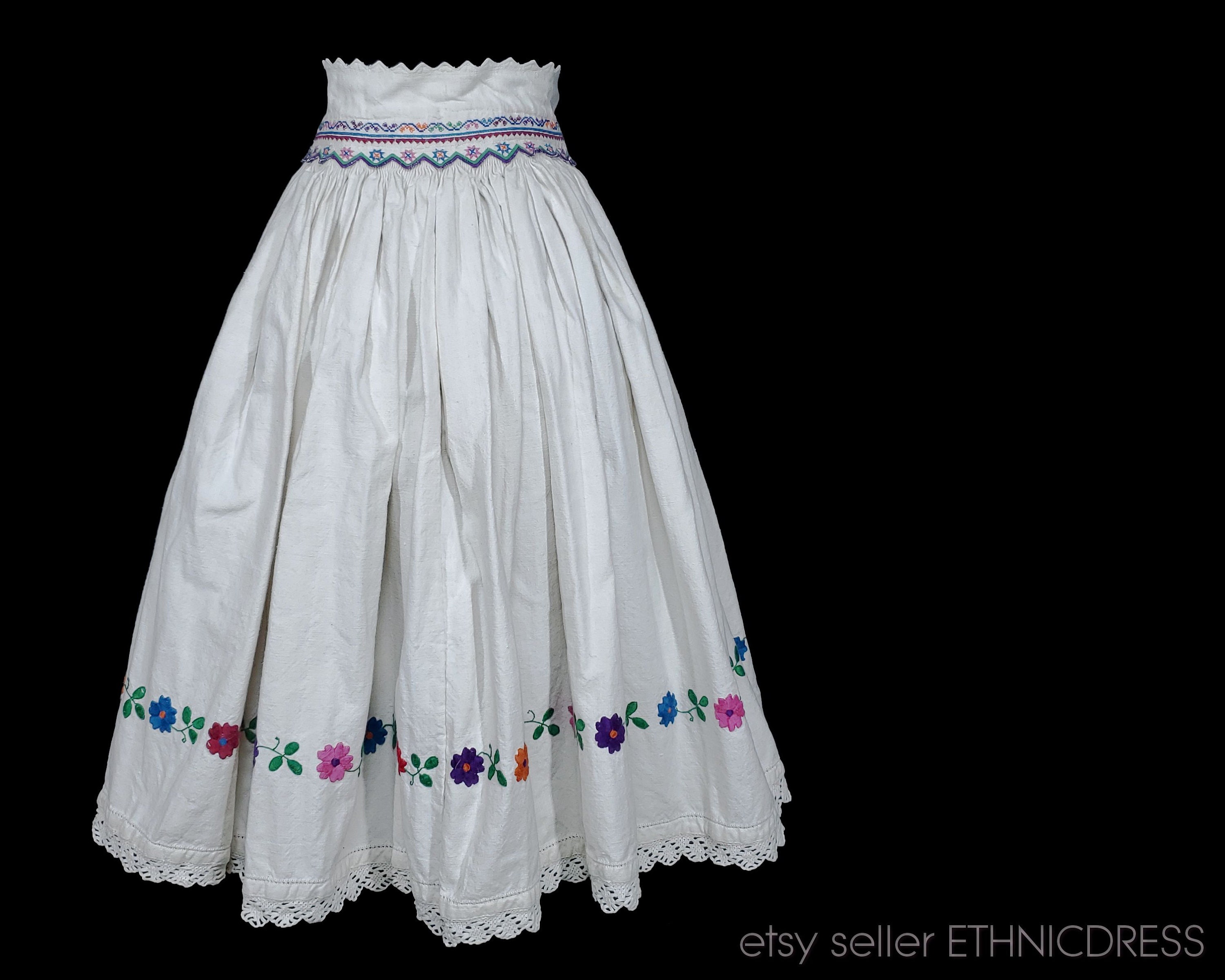 Vintage Romanian folk costume skirt from west Transylvania heavy linen w/ floral embroidery ethnic peasant fashion handmade unique cute