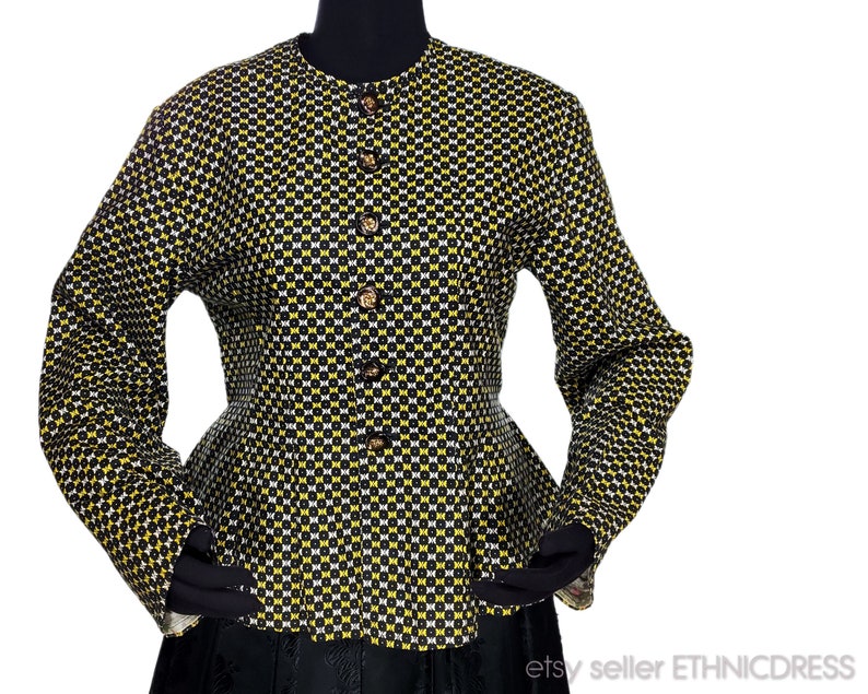 Vintage peasant jacket from Slovakia | handmade village clothing | black yellow pattern cotton | mid-20th C. 1970s old style | Pittsburgh