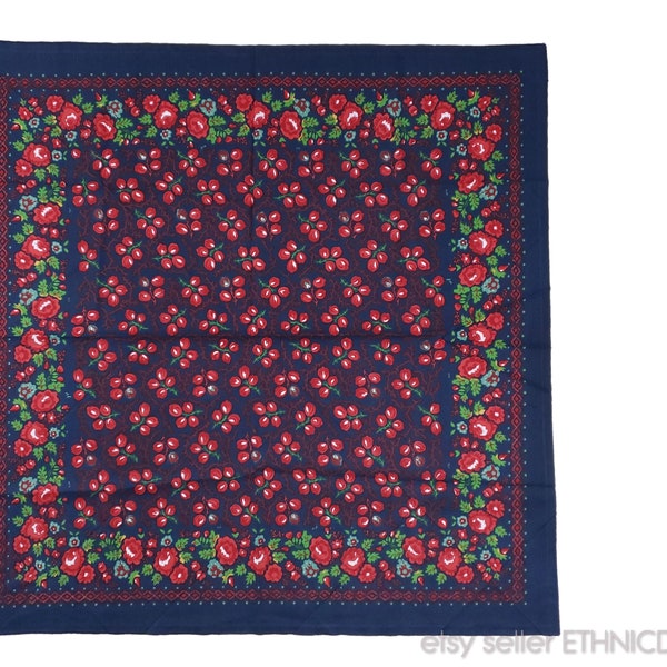 Beautiful floral printed shawl from Russia - traditional folk costume design | indigo blue cotton red flower pattern | ethnic national dress