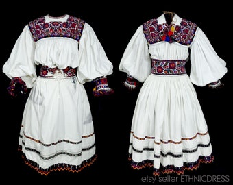 Vintage Romanian folk costume skirt & blouse from Oas Maramures | traditional ethnic clothing handmade folklore dress | embroidery pattern
