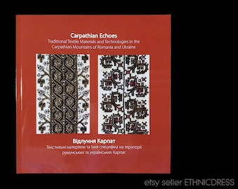 May include: A book cover with the title "Carpathian Echoes" and text in English and Ukrainian. The cover features detailed textile patterns in brown, black, and white, showcasing traditional designs from the Carpathian Mountains.
