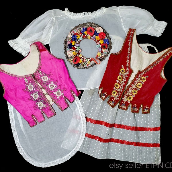 Collection of Hungarian & European antique garments | Victorian peasant style vest apron blouse headdress wreath | folk costume embroidery