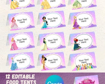 12 tarjetas de comida de princesas Disney para decorar mesas de fiesta de cumpleaños infantil, etiquetas dp1