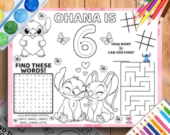 Hoja de actividades de cumpleaños para niños con mantel individual de Lilo y Stitch (LS1)