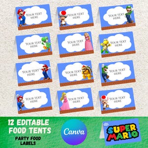 May include: Twelve editable food tents featuring Super Mario characters. Each tent has a blue sky background with a white cloud and the text "YOUR TEXT HERE". The bottom of each tent has a brick design. The bottom left corner has the text "12 EDITABLE FOOD TENTS PARTY FOOD LABELS Canva".