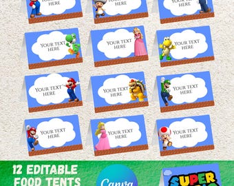 12 Super Mario Food Tent Kids Birthday Party Favor table Card Decor mr1