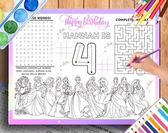 Hoja para colorear y actividades de mantel individual de cumpleaños de princesa dp1