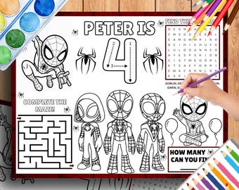 Hoja de actividades para fiestas de cumpleaños infantiles con mantel individual de Spider-Man (SP1)