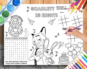 Hoja de actividades para mantel individual de cumpleaños de Zootopia zo1