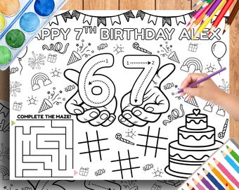 Hoja de actividades temáticas para fiestas de cumpleaños infantiles con mantel individual de 6 y 7