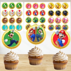 Super Mario cupcake toppers birthday party decoration party themed cake décor Mario bros stickers label banners invitation sm1