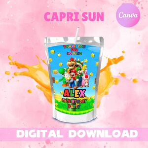 Pode incluir: Uma embalagem de suco Capri Sun com um design personalizado com personagens do Mario. A embalagem tem o texto "THANK YOU FOR COMING", "ALEX" e "6TH BIRTHDAY PARTY". O fundo é rosa com um respingo laranja.