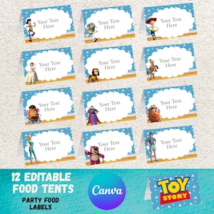 May include: Twelve editable food tents with a blue sky and white cloud design, featuring Toy Story characters. Each tent has space to add text. The image includes the Toy Story logo and the Canva logo.