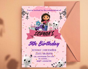 Invitación de cumpleaños de la casa de muñecas Gabby Invitación de fiesta de Pandy Paws gd1