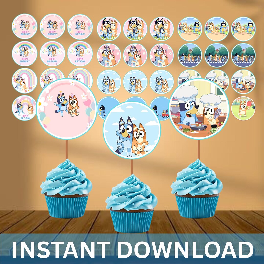 Blue Dog Cupcake Toppers Bluey Birthday Party Decorations Kids Party ...