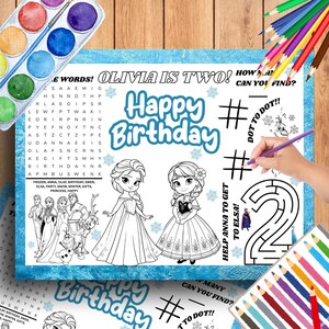 May include: A Frozen-themed birthday activity sheet with the text "Happy Birthday" and "Olivia is Two!" features coloring pages, a word search, and a maze. Includes images of Elsa and Anna, plus a watercolor paint set and colored pencils.