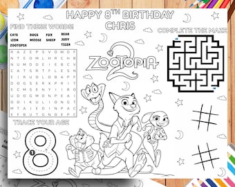 Hoja de actividades de cumpleaños para niños con mantel individual de Zootopia 2 zo1