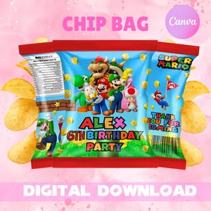 May include: A red and blue chip bag featuring Super Mario characters, with the text "ALEX 6TH BIRTHDAY PARTY". The bag includes nutrition facts and the words "DIGITAL DOWNLOAD". Potato chips are scattered around the bag.