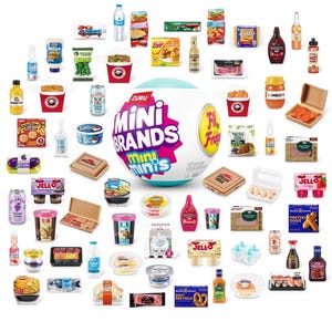 May include: A collection of miniature food items, including a ZURU Mini Brands ball, JELL-O cups, and various packaged goods. The items are arranged on a white surface, showcasing a variety of colors and brands.