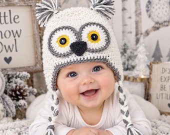 Crochet White Owl Hat, Owl Costume, Newborn Photo Prop, Baby Halloween Costume, Toddler Owl Hat, Owl Beanie, Winter Hat, Crochet Toddler Hat