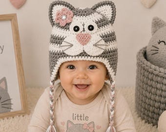Crochet Kitty Hat, Kitty Cat Costume, Baby Halloween Costume, Newborn Photo Prop, Toddler Kitty Hat, Winter Baby Hat - MADE TO ORDER